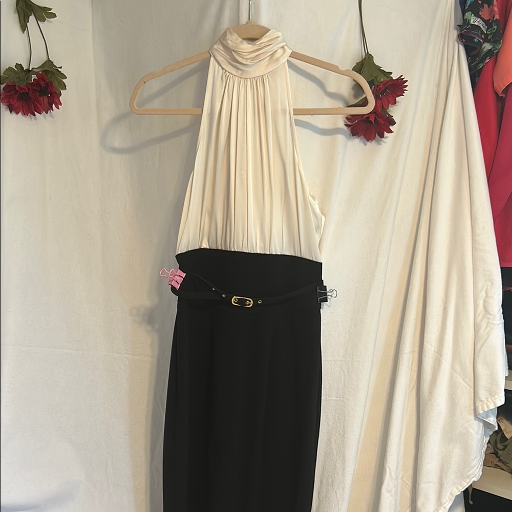 Cache Black and Cream Halter Dress